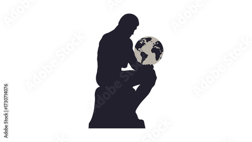 Flat vector thinker statue silhouette with globe abstract minimal theme, World Philosophy Day Flat Minimal Poster.