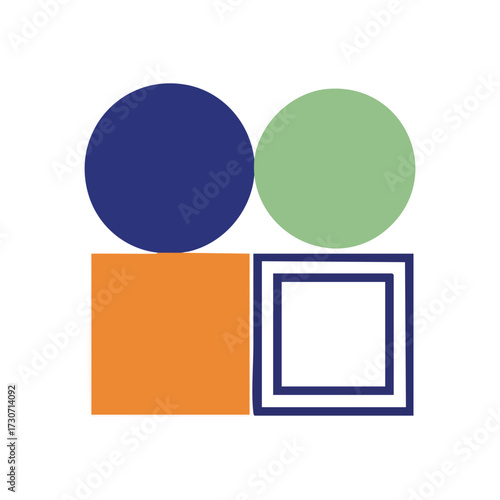 Geometric Shapes Abstract Composition. Vibrant contemporary artwork showcasing diverse elemental forms on a white canvas. Represents concepts of harmony and structured balance.