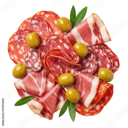 Sliced cured meats and olives arrangement isolated on a transparent background salami prosciutto