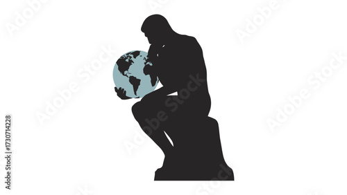Flat vector thinker statue silhouette with globe abstract minimal theme, World Philosophy Day Flat Minimal Poster.