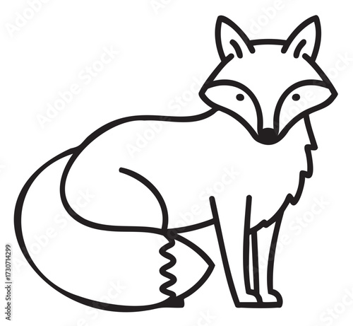 Black and white outline drawing of a fox with bushy tail and pointed ears - stock vector