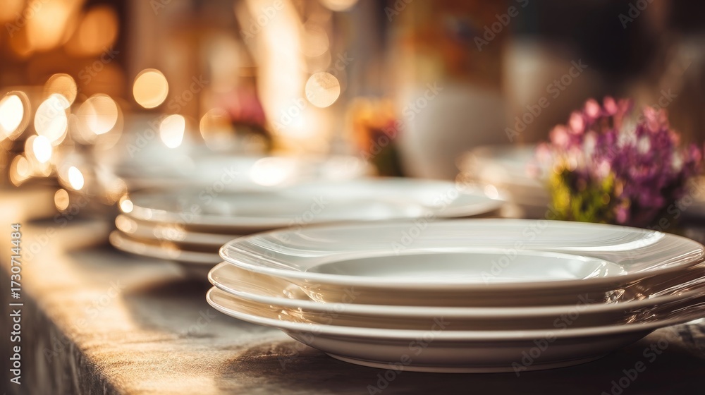 Fototapeta premium Neatly stacked white ceramic plates on a table with a blurred background, smooth texture, reflective quality,