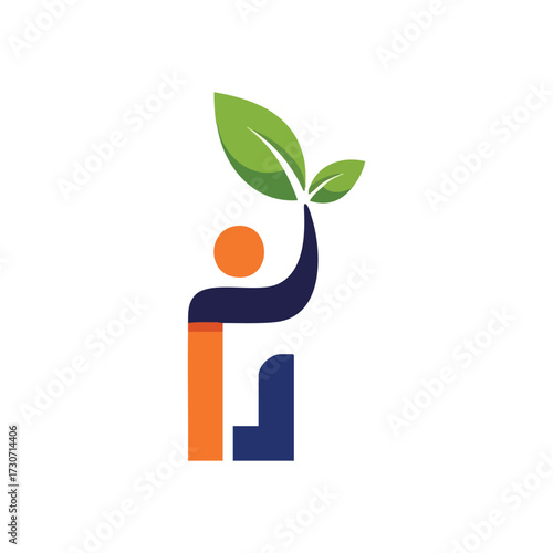 Human Supporting Nature Leaf Growth. A vibrant emblem depicts an individual uplifting a verdant plant, conveying ecological care, sustainability, and personal progression. It signifies health and.