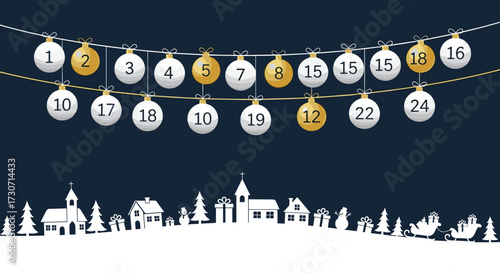 Festive Christmas advent calendar with numbered ornaments hanging above a charming snowy village scene, perfect for holiday promotions
