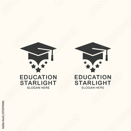 Vector art of two identical graduation cap logos with stars and text education starlight slogan here on a light beige background, representing education and achievement