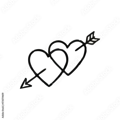 Intertwined Hearts and Cupid's Arrow. This graphic depicts two linked heart shapes pierced by an archer's shaft, symbolizing deep affection, partnership, and romantic destiny. Perfect for devotion.