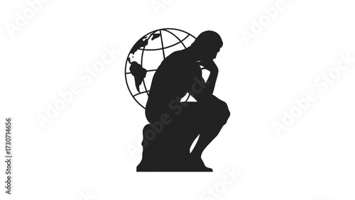 Flat vector thinker statue silhouette with globe abstract minimal theme, World Philosophy Day Flat Minimal Poster.