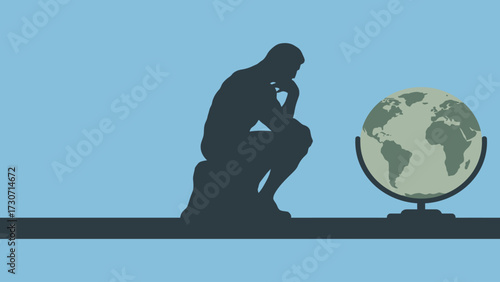 Flat vector thinker statue silhouette with globe abstract minimal theme, World Philosophy Day Flat Minimal Poster.