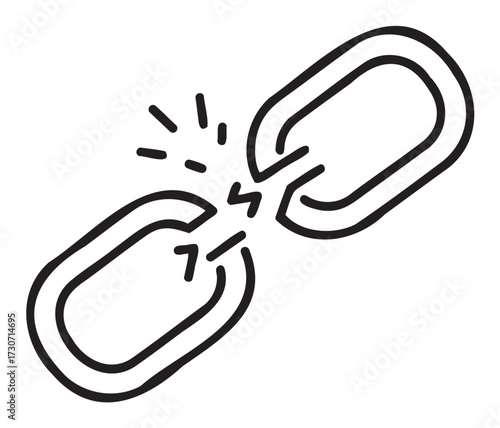 Broken chain link symbolizing weakness and breakage in connections or relationships - stock vector