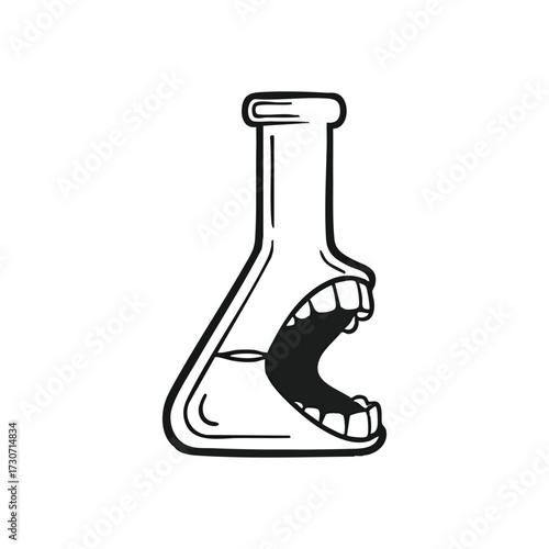 Shouting Laboratory Flask Design. This quirky illustration features a beaker with an open mouth, conveying surprise or excitement. A unique symbol of scientific discovery and expressive communication.