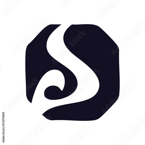 Abstract S Initial Octagonal Mark. This contemporary graphic features a flowing S within a dark polygonal shape. Symbolizes innovation, sleekness, and unique brand identity.