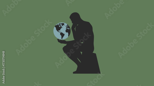 Flat vector thinker statue silhouette with globe abstract minimal theme, World Philosophy Day Flat Minimal Poster.