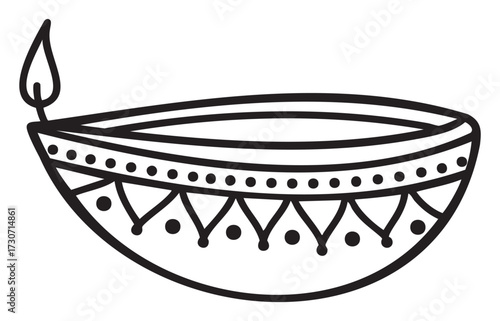 Black and white decorative diya with flame for festival celebrations - stock vector