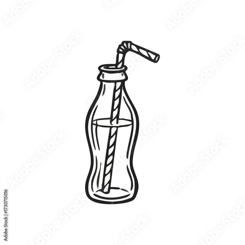 Retro Drink Bottle and Straw Art. Hand-drawn vector depiction of a classic glass vessel with a striped sipping tube. Conveys simple joy and refreshing coolness.