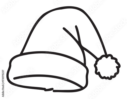 Black and white santa hat illustration with pom-pom detail - stock vector