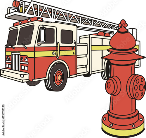 Firetruck and hydrant ready for emergency response and firefighting operations isolated on transparent background