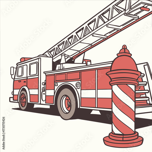 Red fire truck with extended ladder and striped fire hydrant ready for emergency response isolated on transparent background