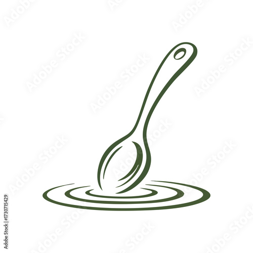 Elegant Green Spoon and Liquid Ripples. Clean vector art displays a serving utensil interacting with a fluid, generating concentric waves. It embodies purity, natural dining, and culinary art.