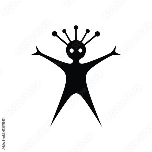 Stylized Humanoid Character. A minimalist black illustration showing a welcoming figure with unique head features and extended limbs. It evokes global connection and future concepts.