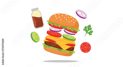 Exploded view of a delicious gourmet hamburger with fresh ingredients artfully arranged in a dynamic composition