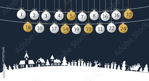 Festive Christmas advent calendar countdown with numbered ornaments and charming winter village scene, perfect for holiday promotions