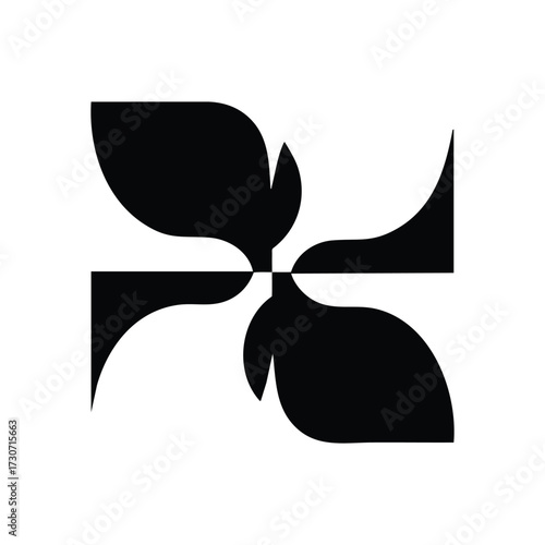 Elegant Organic Petal Bloom. A refined monochromatic graphic showcasing four gracefully curved elements. This artistic emblem symbolizes perpetual motion, natural harmony, and evolving growth.