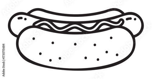 Black and white line art of a classic hot dog with bun and condiments - stock vector