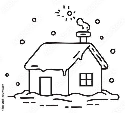Cozy snow-covered house with smoking chimney under falling snowflakes - stock vector
