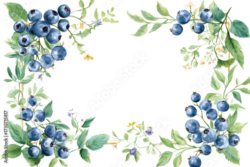 watercolor blueberry frame border with leaves and fruits isolated png transparent background