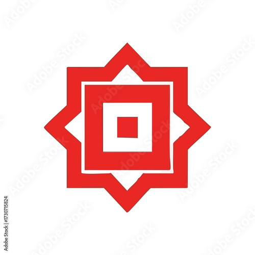 Red Abstract Geometric Star Emblem. Bold crimson visual showcasing an angular celestial body encompassing layered quadrilaterals. Represents precision, centrality, and artistic balance.
