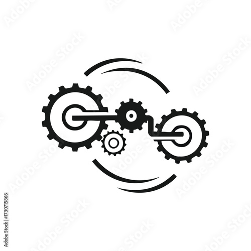 Dynamic Gear System Icon. Interconnected cogwheels illustrate a continuous operational sequence, signifying teamwork, efficient progress, and integrated innovation. A robust industrial concept.