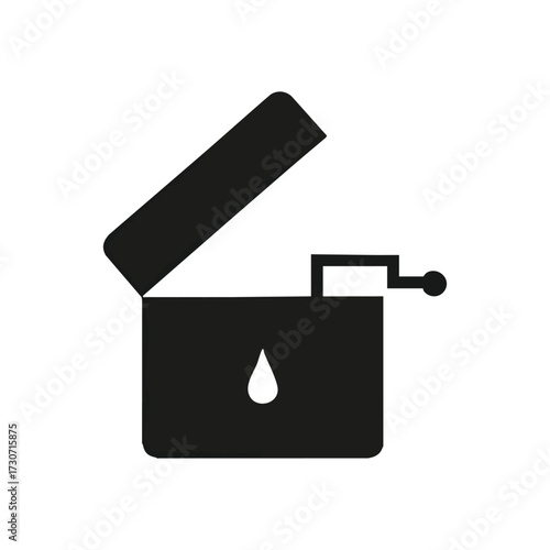 Liquid Droplet Dispenser Icon. A simple graphic representing an open receptacle with a single fluid drop and a side lever, symbolizing controlled release and resource allocation.