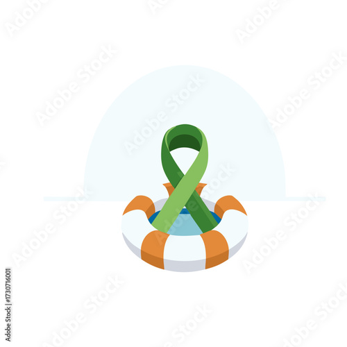 Minimalist flat vector of a lifebuoy on water with a green ribbon in the center, symbolizing access to care during crises.