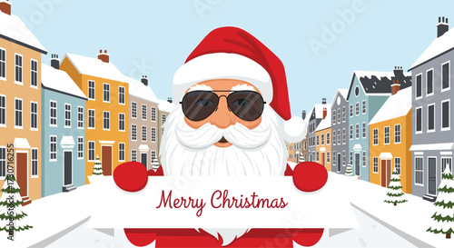 Cool Santa Claus sporting aviator sunglasses and holding a Merry Christmas banner in a charming snowy town setting