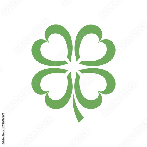 Lucky Four Leaf Clover Symbol. Vibrant green shamrock graphic with heart shaped leaves on white. An emblem of fortune, hope, and prosperity, ideal for festive designs celebrating Irish heritage or.