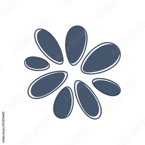 Abstract Petal Bloom Graphic Design. Stylized visual representation featuring a circular grouping of dark oval elements with crisp white borders, suggesting organic growth, completeness, or balanced.