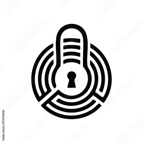 Security Maze Padlock Keyhole Icon. Abstract emblem blending a secure clasp with an intricate labyrinth. It signifies finding answers, overcoming obstacles, and safeguarding data or entry.