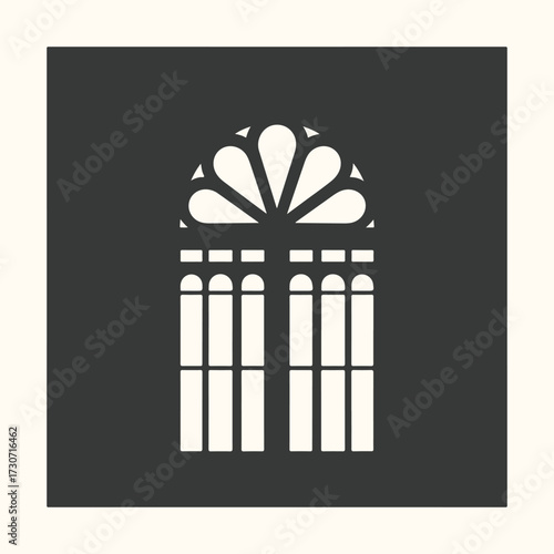 Vector art of gothic arched window with ornate tracery and leaded glass panes, a classic architectural element symbolizing history and tradition, isolated on a dark background