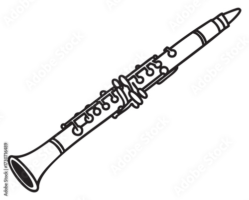 Black and white clarinet outline drawing with detailed keys and reed - stock vector