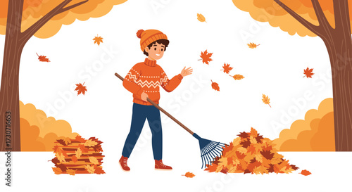 Joyful boy raking autumn leaves in crisp fall weather, celebrating seasonal change with vibrant foliage and cozy attire