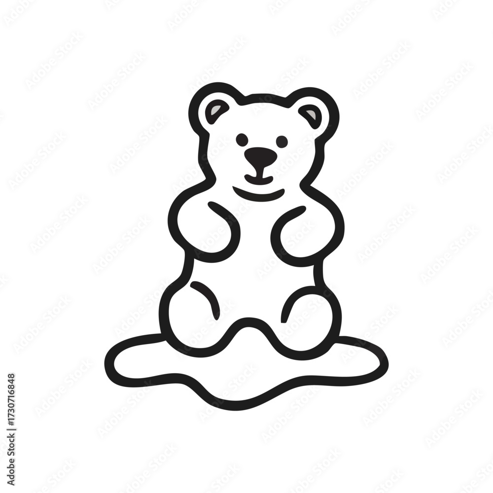 Fototapeta premium Melting Gummy Bear Line Art Icon. A charming black and white sketch of a gummy candy dissolving. This artwork conveys fragility, transformation, and the ephemeral nature of joy or treats.