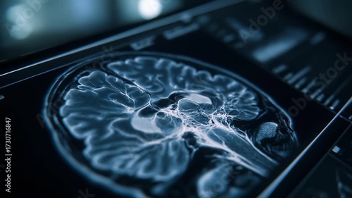 MRI brain scan (axial view) displayed on a monitor.