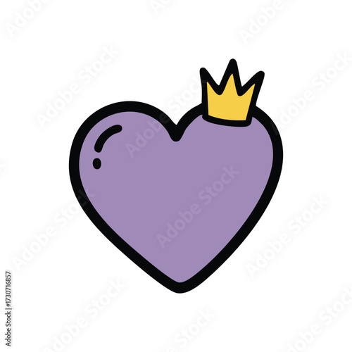 Majestic Violet Heart with Regal Crown. A charming doodle featuring a lilac symbol adorned with a royal gold coronet. This delightful emblem conveys cherished feelings, personal value, and self-love.
