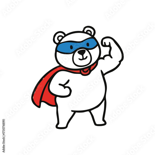 Polar Bear Superhero Flexing Muscle. A brave white ursine champion in a vibrant red cape and blue eye mask. This playful design symbolizes strength, protection, and triumphant spirit.