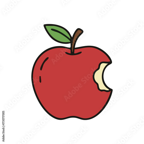 Bitten Red Apple Drawing. A vibrant crimson fruit with a portion consumed, symbolizing healthy eating or a quick snack. Ideal for nutrition and fresh produce concepts.