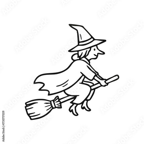Halloween Witch Flying Broomstick. This charming line art depicts a joyful sorceress soaring on her broom, embodying magic and festive autumn celebrations.