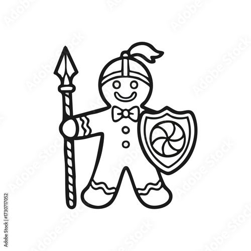 Gingerbread Warrior Character. Charming line art of a festive hero, holding a lance and protective shield. This delightful cookie figure symbolizes courage, guardianship, and sweet holiday cheer.