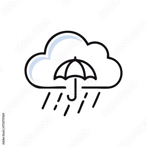 Weather Protection Cloud Umbrella. A simple atmospheric conditions symbol featuring a cumulus formation, falling precipitation, and a parasol offering shelter from wetness. Represents safety and.