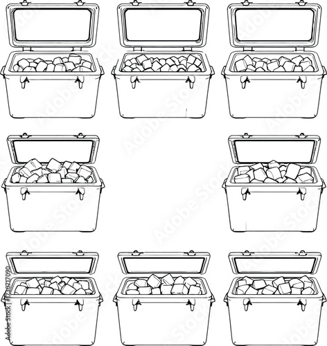 Cooler Icon Grid Vector Featuring Open Lids and Varied Ice Cube Arrangements in Black and White Line Art Style