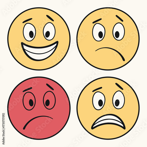 Four emoticon faces expressing different emotions joy sadness anger fear and concern isolated on transparent background